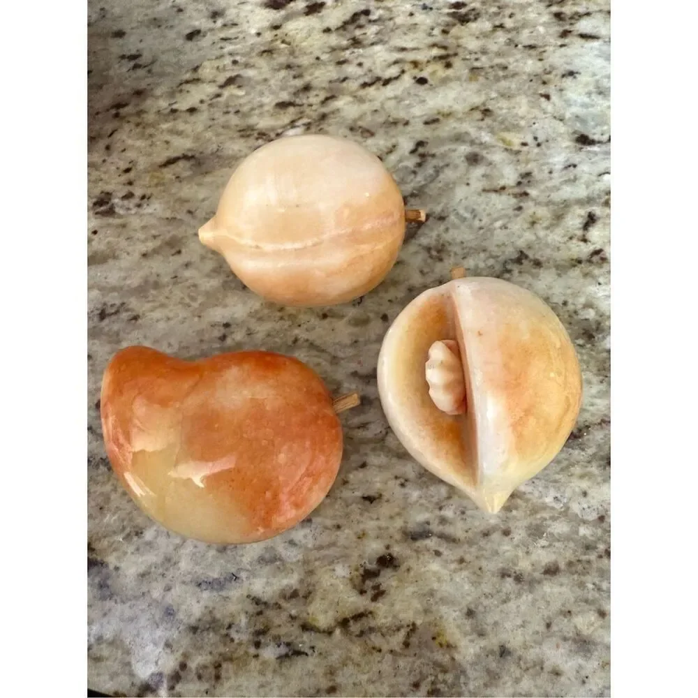Vintage Alabaster Stone Fruit – Set of 3 Hand-Carved Realistic Decorative Fruit